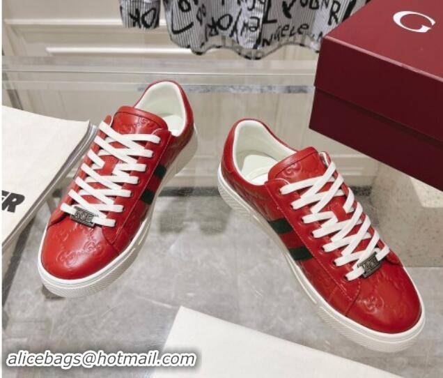 Low Price Gucci Ace Sneakers with Web in GG Leather Red 814100