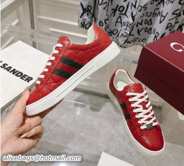 Low Price Gucci Ace Sneakers with Web in GG Leather Red 814100