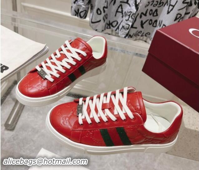 Low Price Gucci Ace Sneakers with Web in GG Leather Red 814100