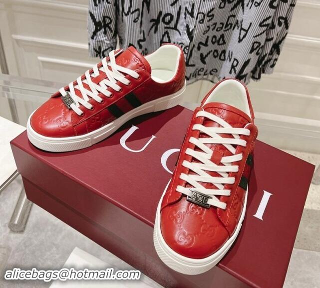 Low Price Gucci Ace Sneakers with Web in GG Leather Red 814100