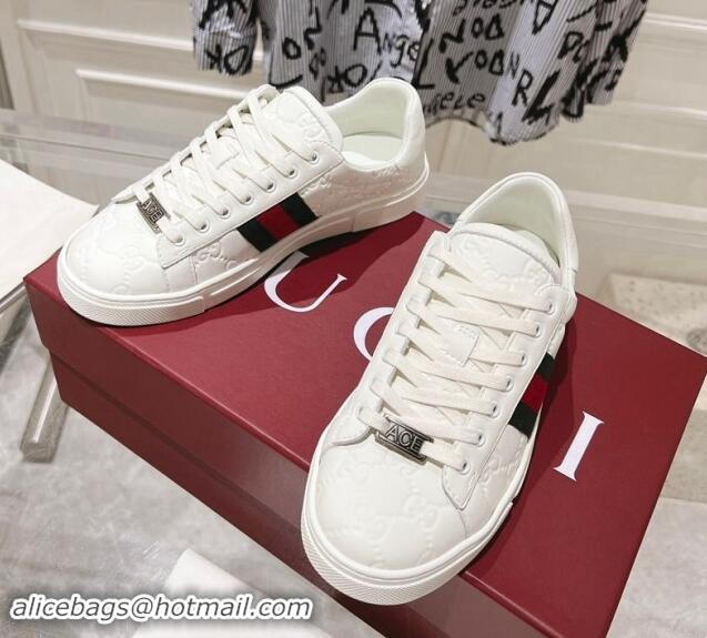 Most Popular Gucci Ace Sneakers with Web in GG Leather White 814101