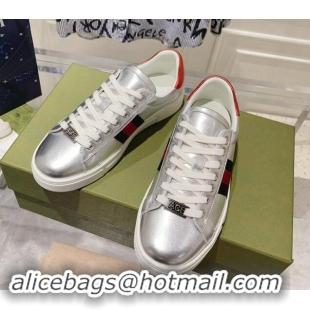 Luxury Cheap Gucci Ace Sneakers with Web in Calf Leather Silver 814108