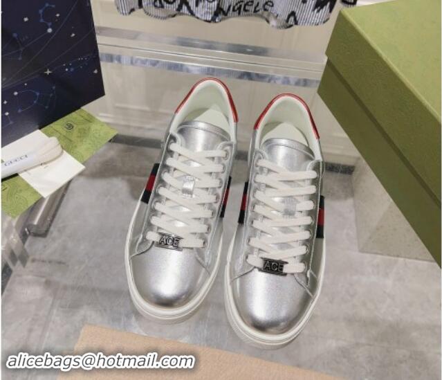 Luxury Cheap Gucci Ace Sneakers with Web in Calf Leather Silver 814108