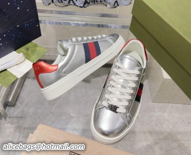 Luxury Cheap Gucci Ace Sneakers with Web in Calf Leather Silver 814108