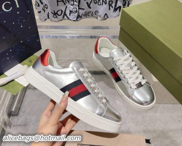 Luxury Cheap Gucci Ace Sneakers with Web in Calf Leather Silver 814108