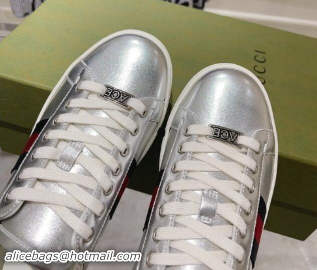 Luxury Cheap Gucci Ace Sneakers with Web in Calf Leather Silver 814108