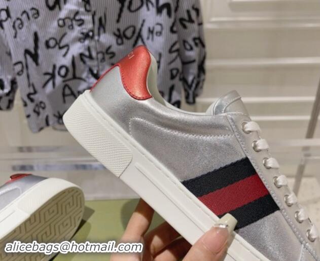 Luxury Cheap Gucci Ace Sneakers with Web in Calf Leather Silver 814108