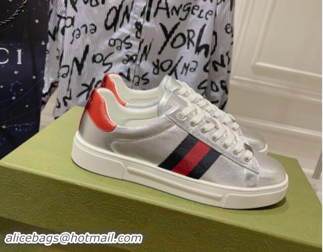 Luxury Cheap Gucci Ace Sneakers with Web in Calf Leather Silver 814108