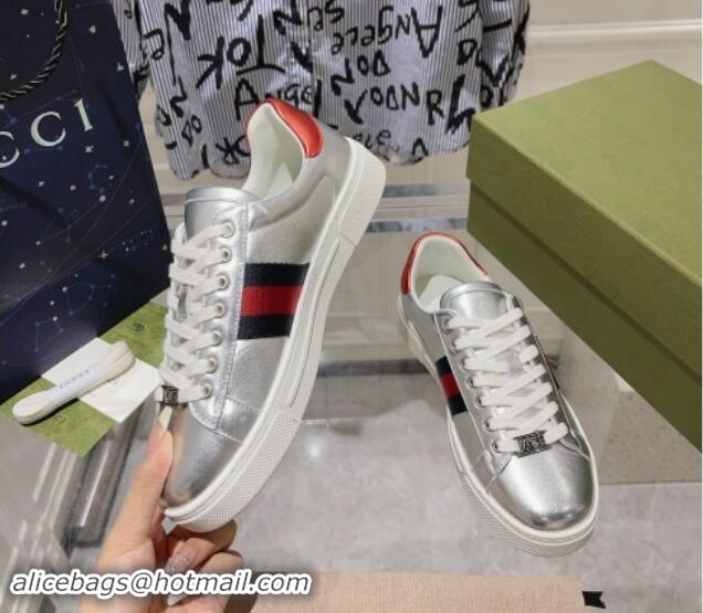 Luxury Cheap Gucci Ace Sneakers with Web in Calf Leather Silver 814108