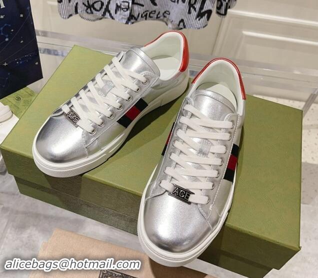 Luxury Cheap Gucci Ace Sneakers with Web in Calf Leather Silver 814108