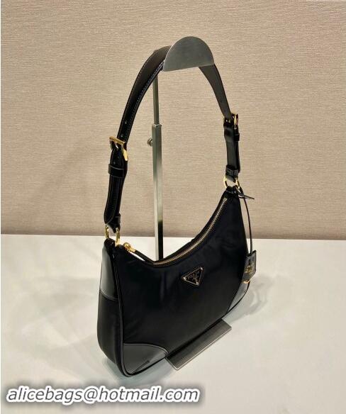 Buy Discount Prada Nylon and Leather Hobo Bag 1BC214 Black 2024