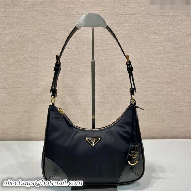 Buy Discount Prada Nylon and Leather Hobo Bag 1BC214 Black 2024