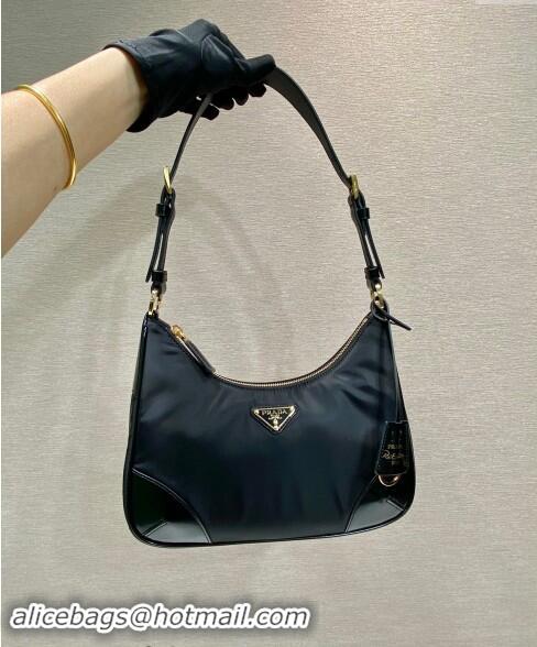 Buy Discount Prada Nylon and Leather Hobo Bag 1BC214 Black 2024