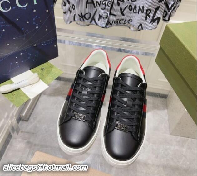 Stylish Gucci Ace Sneakers with Web in Calf Leather Black 814109