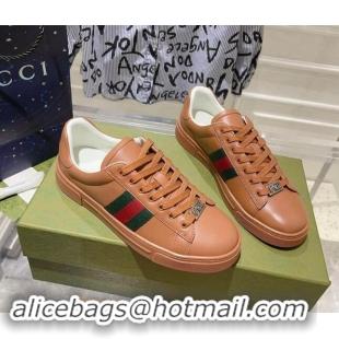 Perfect Gucci Ace Sneakers with Web in Calf Leather Brown 814110