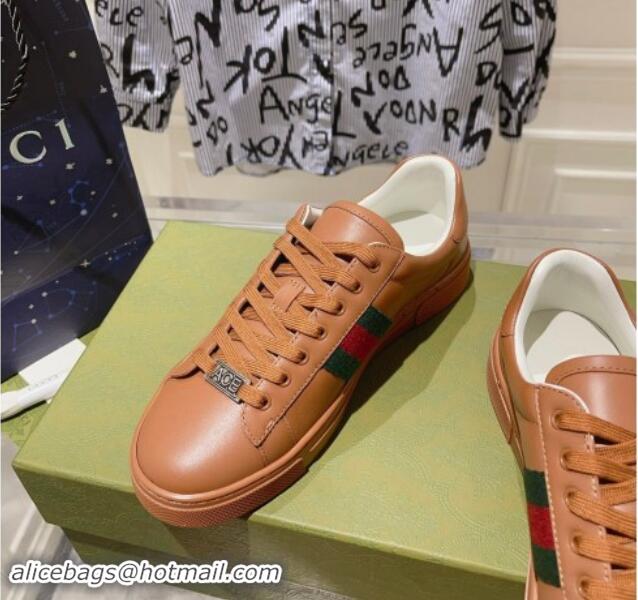 Perfect Gucci Ace Sneakers with Web in Calf Leather Brown 814110