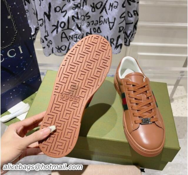 Perfect Gucci Ace Sneakers with Web in Calf Leather Brown 814110