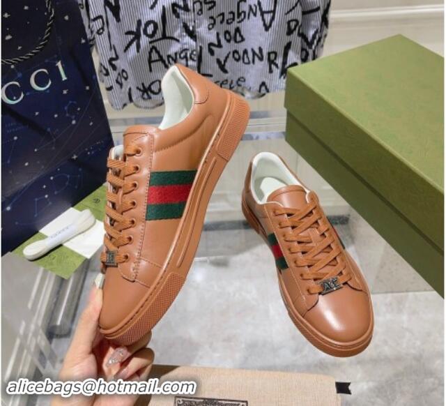 Perfect Gucci Ace Sneakers with Web in Calf Leather Brown 814110