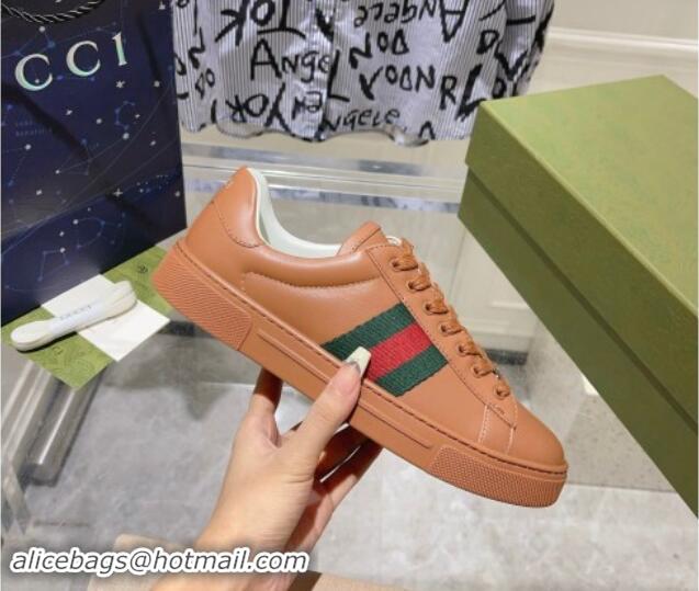 Perfect Gucci Ace Sneakers with Web in Calf Leather Brown 814110