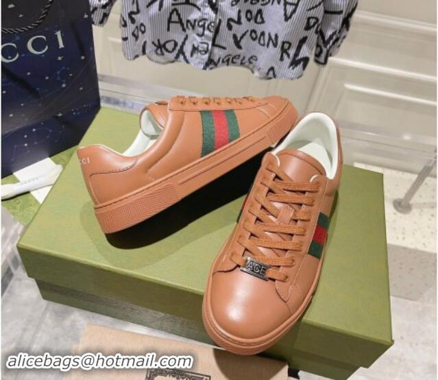 Perfect Gucci Ace Sneakers with Web in Calf Leather Brown 814110