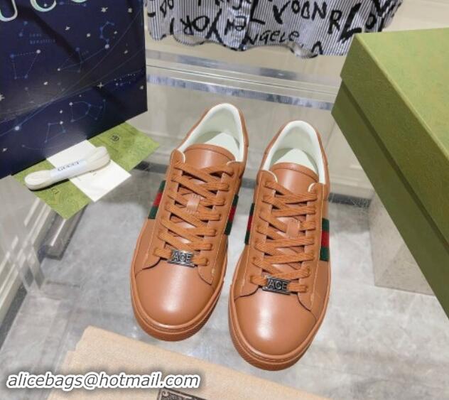 Perfect Gucci Ace Sneakers with Web in Calf Leather Brown 814110