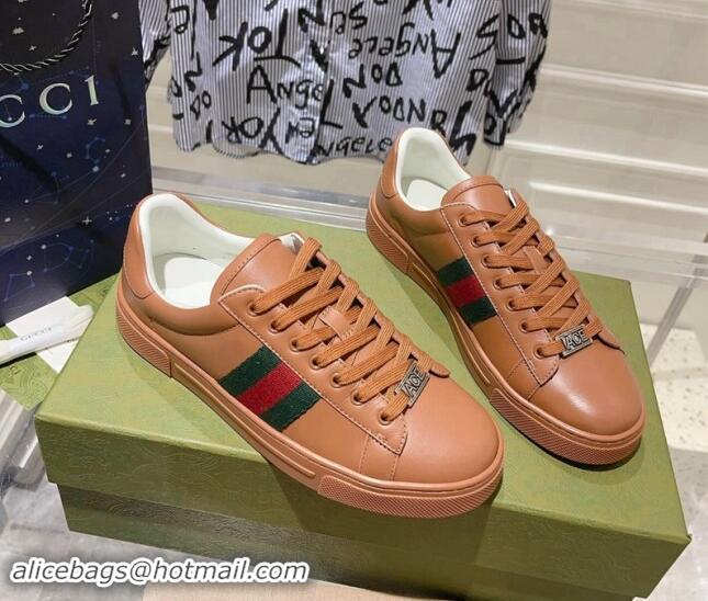 Perfect Gucci Ace Sneakers with Web in Calf Leather Brown 814110