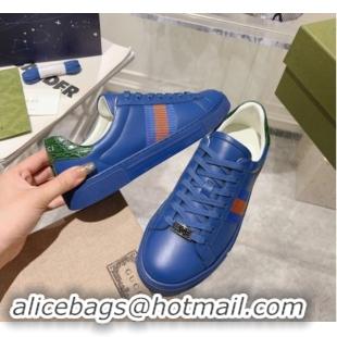 Best Grade Gucci Ace Sneakers with Web in Calf Leather Blue 814111