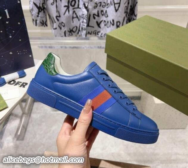 Best Grade Gucci Ace Sneakers with Web in Calf Leather Blue 814111