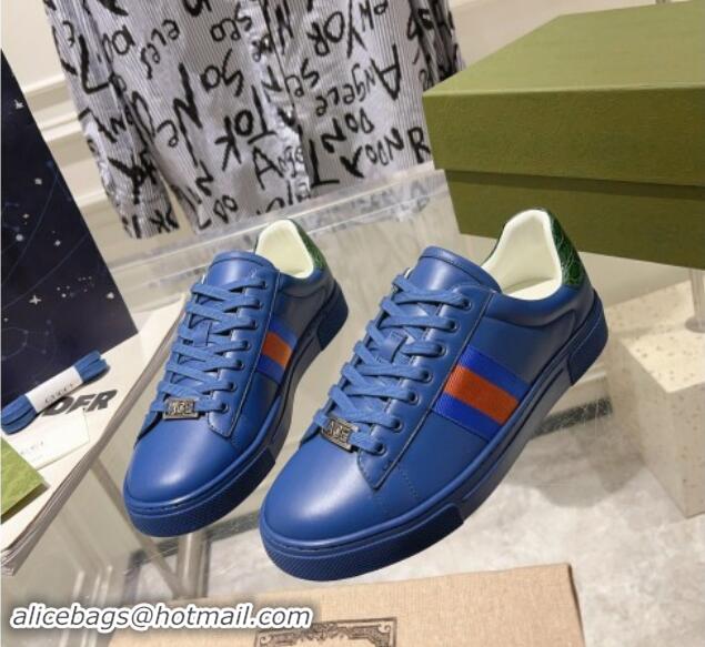 Best Grade Gucci Ace Sneakers with Web in Calf Leather Blue 814111