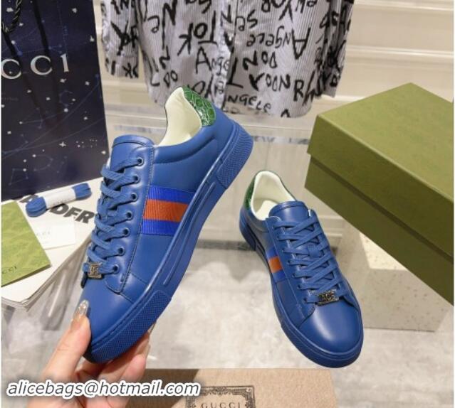 Best Grade Gucci Ace Sneakers with Web in Calf Leather Blue 814111