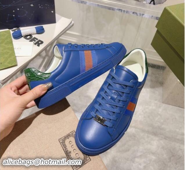 Best Grade Gucci Ace Sneakers with Web in Calf Leather Blue 814111