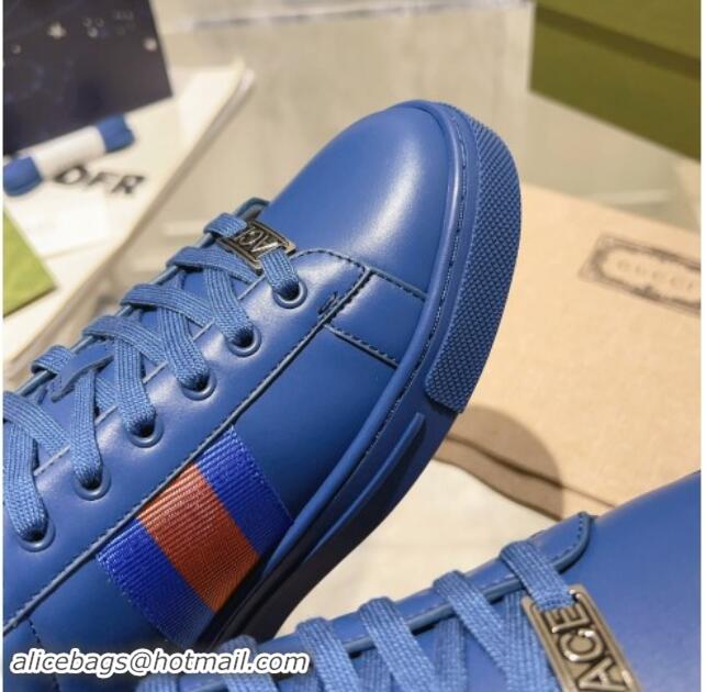 Best Grade Gucci Ace Sneakers with Web in Calf Leather Blue 814111