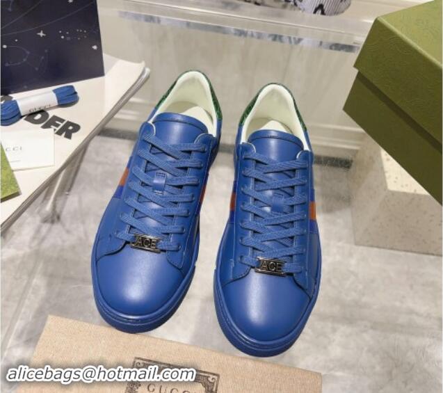 Best Grade Gucci Ace Sneakers with Web in Calf Leather Blue 814111