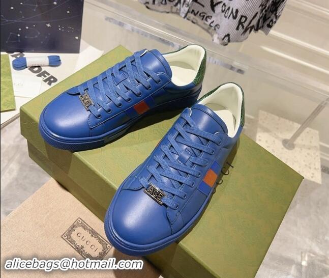 Best Grade Gucci Ace Sneakers with Web in Calf Leather Blue 814111