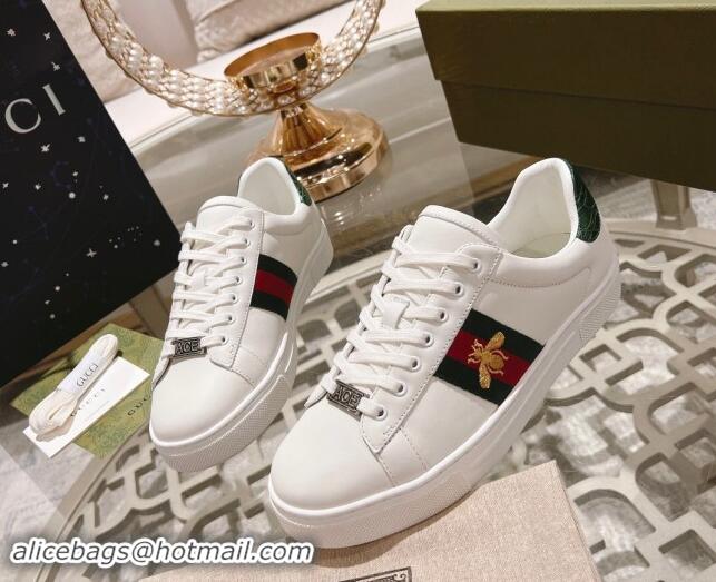 Low Price Gucci Ace Sneakers with Web and Bee in White Leather 814116