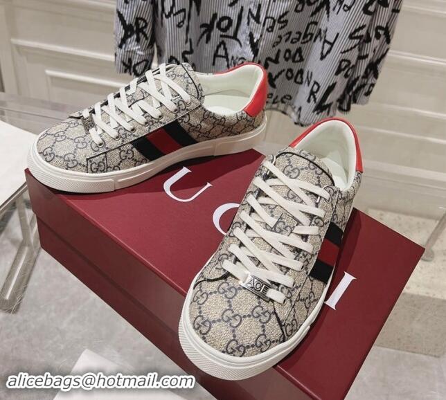 Shop Cheap Gucci Ace Sneakers with Web in GG Canvas Beige/Blue 814104