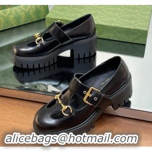 Unique Style Gucci Horsebit Shiny Leather Platform Loafers with Buckle Black 814117