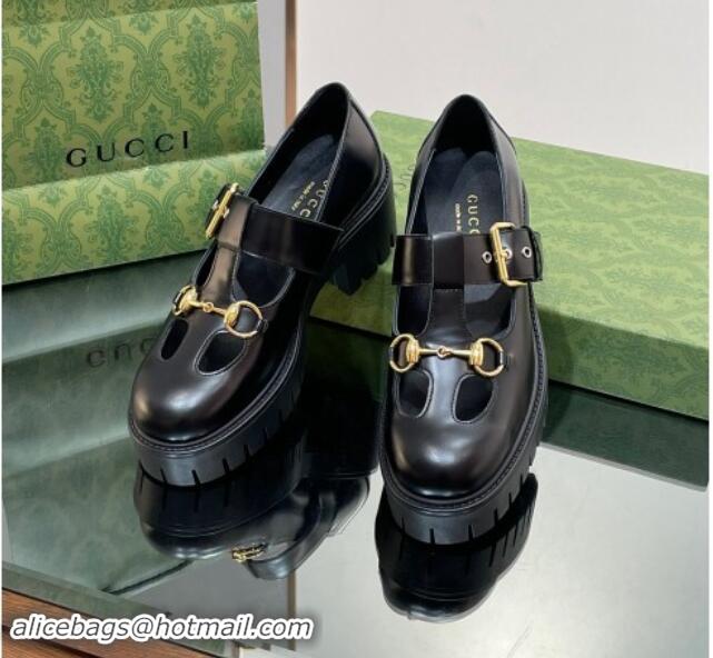 Unique Style Gucci Horsebit Shiny Leather Platform Loafers with Buckle Black 814117