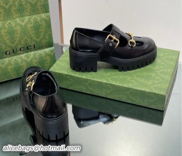 Unique Style Gucci Horsebit Shiny Leather Platform Loafers with Buckle Black 814117