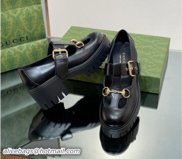 Unique Style Gucci Horsebit Shiny Leather Platform Loafers with Buckle Black 814117