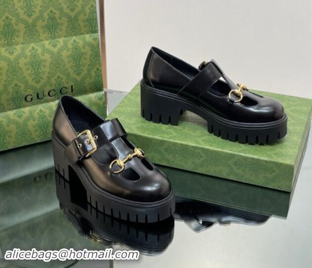 Unique Style Gucci Horsebit Shiny Leather Platform Loafers with Buckle Black 814117