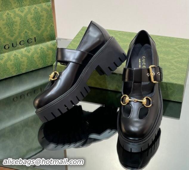 Unique Style Gucci Horsebit Shiny Leather Platform Loafers with Buckle Black 814117