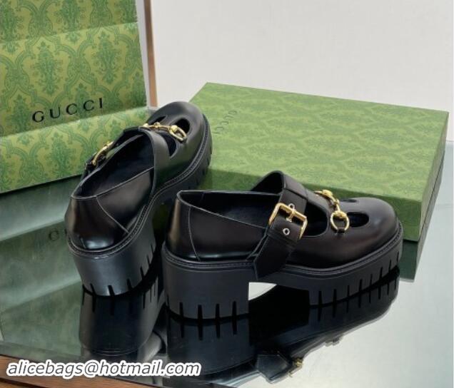 Unique Style Gucci Horsebit Shiny Leather Platform Loafers with Buckle Black 814117