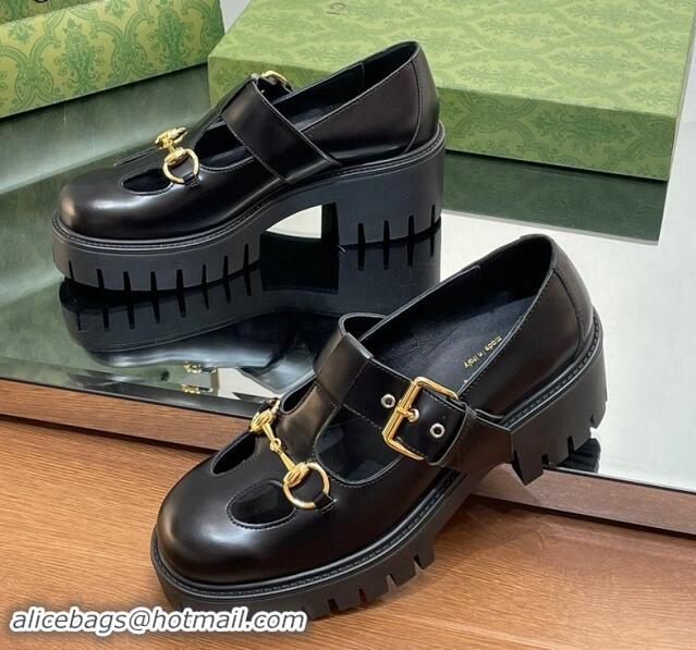 Unique Style Gucci Horsebit Shiny Leather Platform Loafers with Buckle Black 814117