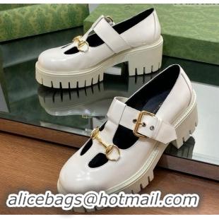 Durable Gucci Horsebit Shiny Leather Platform Loafers with Buckle White 814118