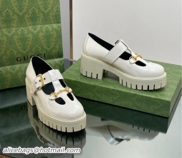 Durable Gucci Horsebit Shiny Leather Platform Loafers with Buckle White 814118