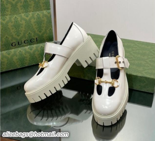 Durable Gucci Horsebit Shiny Leather Platform Loafers with Buckle White 814118