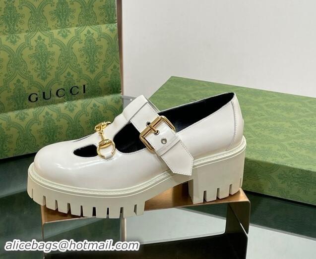 Durable Gucci Horsebit Shiny Leather Platform Loafers with Buckle White 814118