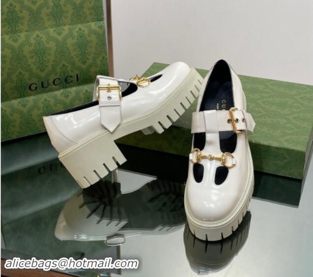 Durable Gucci Horsebit Shiny Leather Platform Loafers with Buckle White 814118