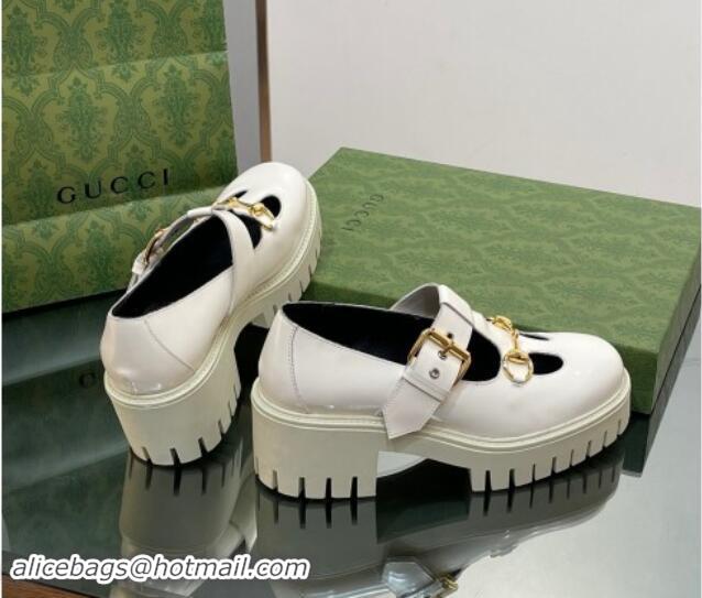 Durable Gucci Horsebit Shiny Leather Platform Loafers with Buckle White 814118